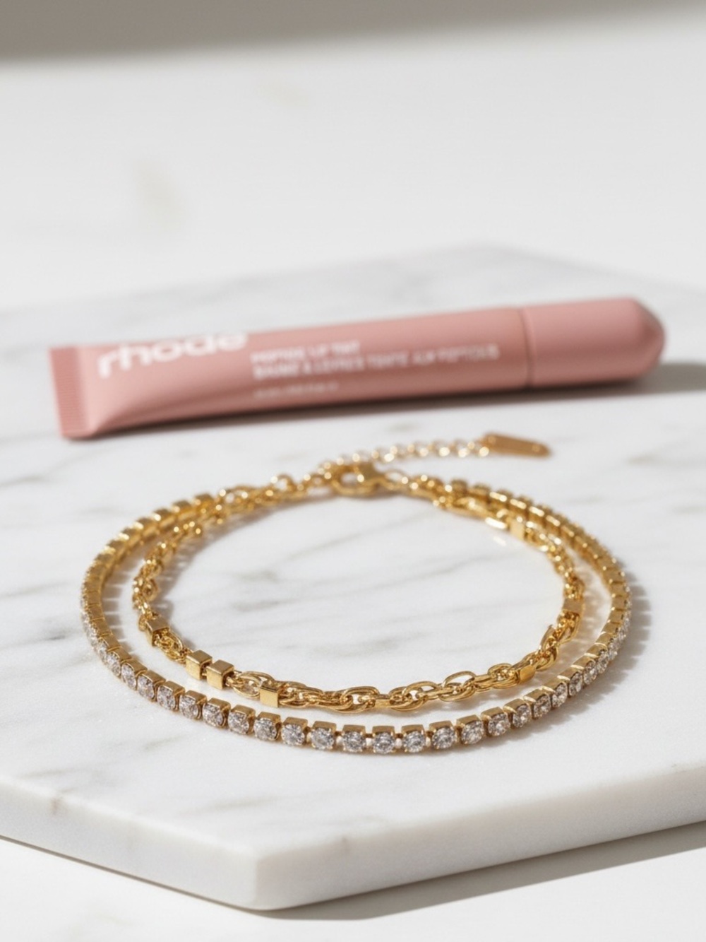 18k Gold Plated CZ Tennis Chain Bracelet Set. New.